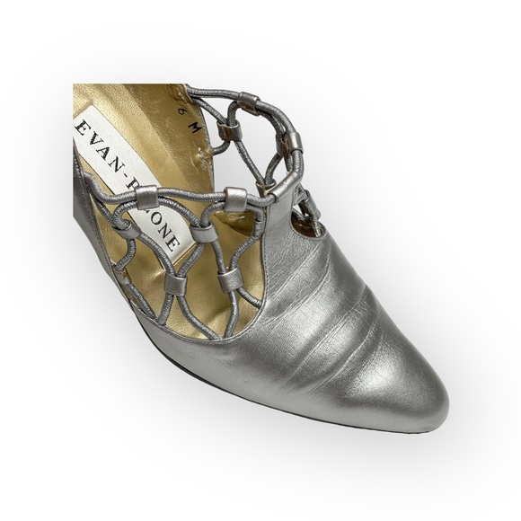 Vintage: Evan Picone ♚ Lattice Mary Janes Heels Pumps ♚ Metallic Silver Leather - Picture 10 of 16